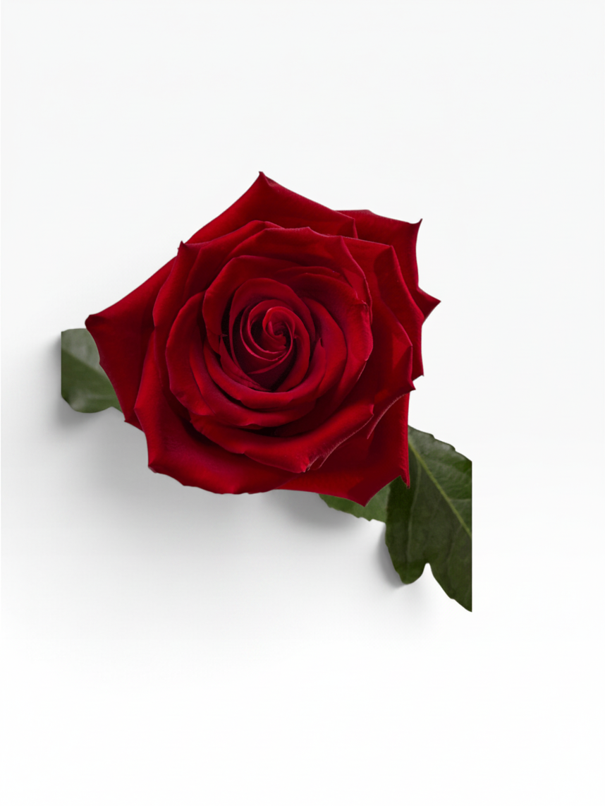 Rosa Explorer de My Store 3, rosa de corte de color rojo intenso con pétalos aterciopelados y tallo verde.