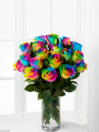 Ramo de My Store 3 con rosas tinturadas en colores arcoíris vibrantes en un florero de cristal transparente
